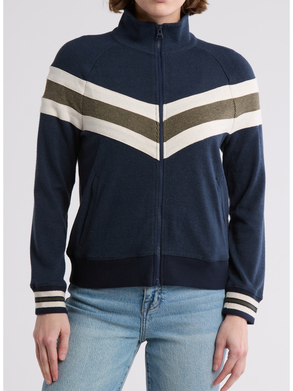 Faherty Navy Legend Chevron Zip-Up Track Jacket XSmall NWOT - Picture 2 of 7